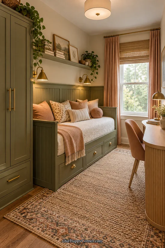 Peach and olive single daybed with a coordinating bedroom desk