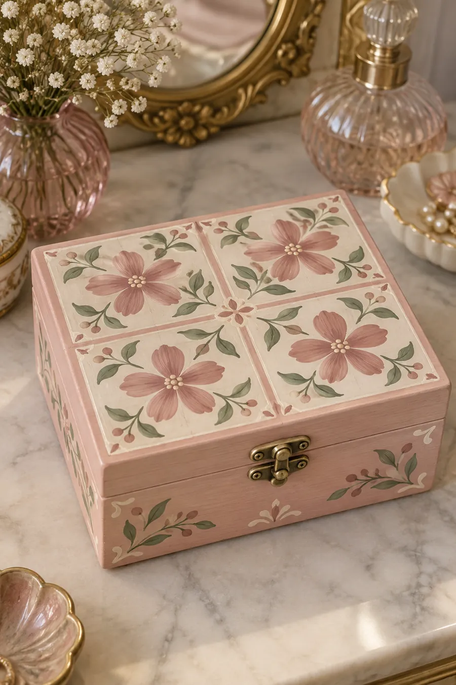 Pink jewelry box painted with four floral tile panels