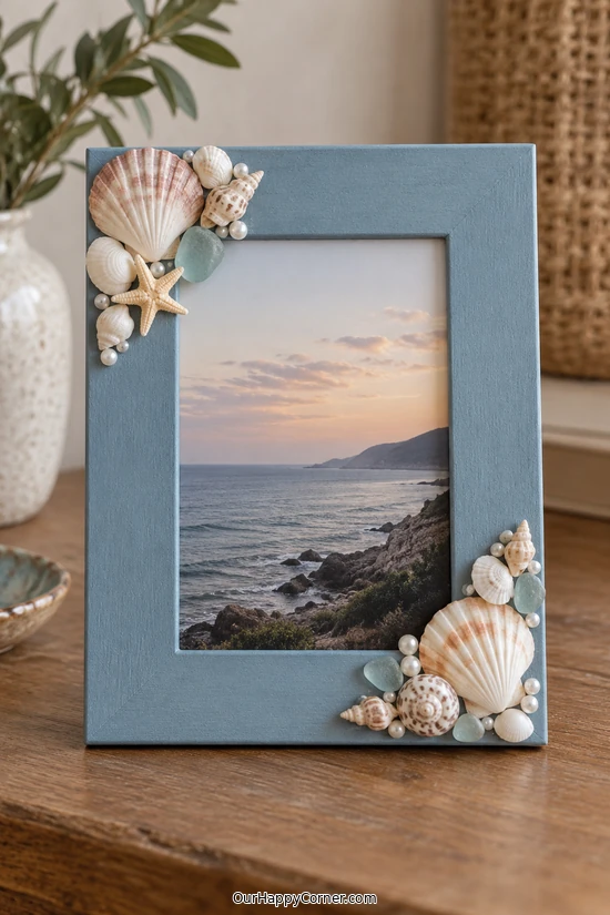 Dusty Blue Shell Photo Frame handmade craft