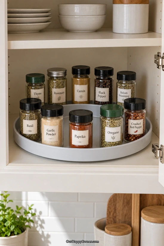 Single-level white turntable with spice jars inside a kitchen cabinet