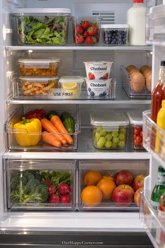 Fridge organization ideas featuring a use-first tray for leftovers and yogurt