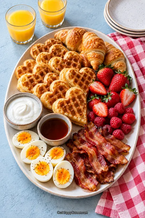 Heart waffles with croissants, bacon, eggs, strawberries, yogurt, and maple syrup