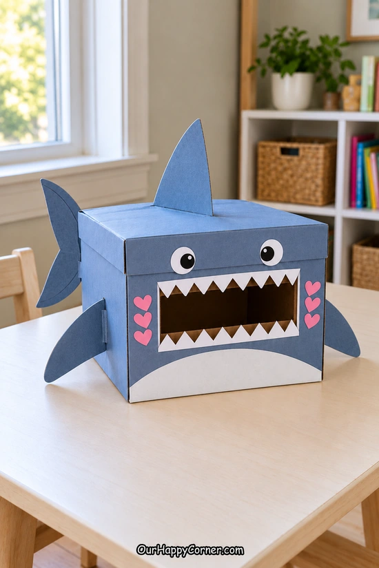 Blue gray shark box with a tooth framed mouth