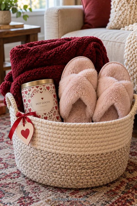 Cozy gift basket with a burgundy blanket, slippers, and cocoa