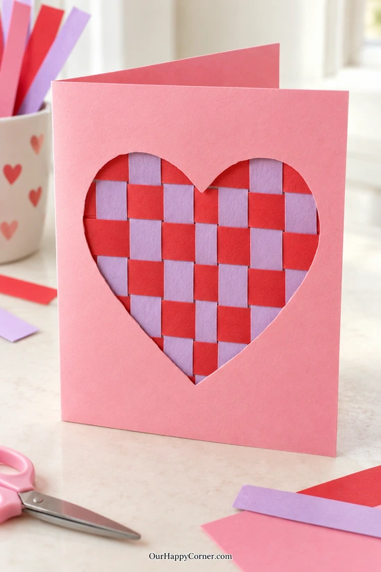 Pink Valentine card with a red and purple woven heart