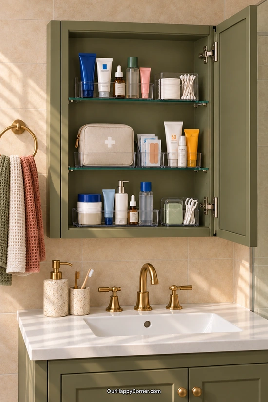 Bathroom organization with varied toiletries in a shallow mirrored cabinet