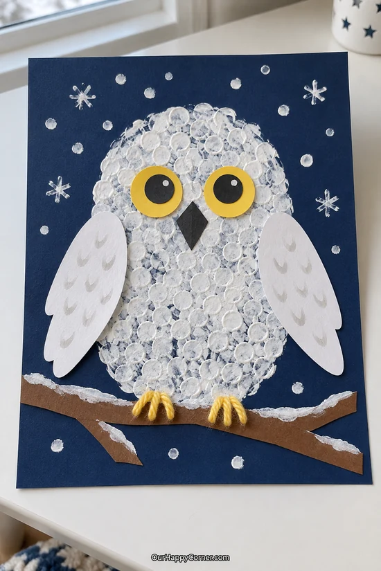 Bubble wrap printed snowy owl on navy paper