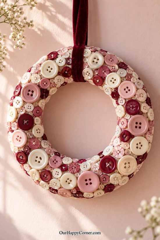 Blush and ivory button wreath with burgundy hanging ribbon