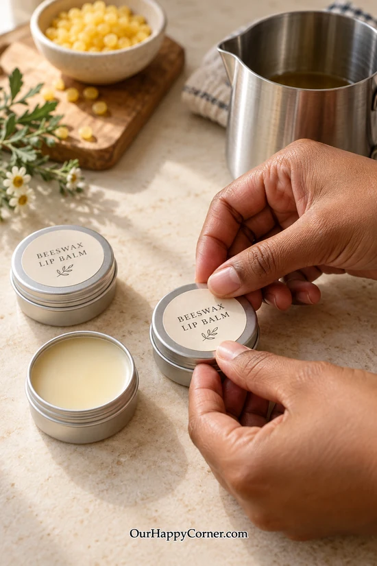 Labeling small tins of finished homemade beeswax lip balm
