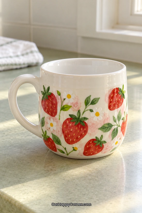 Ceramic cup painting ideas combining red strawberries and small white daisies