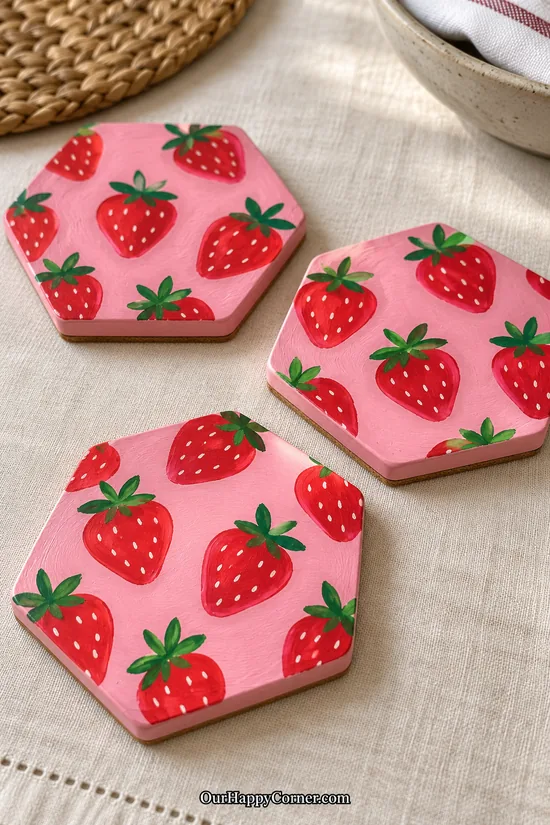 Strawberry coaster painting ideas on pink hexagonal wooden blanks