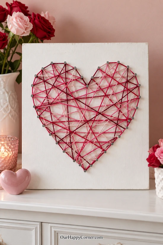 Heart String Art in red and pink Valentine’s Day crafts for adults