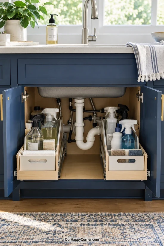 Under-sink bins arranged around drain plumbing