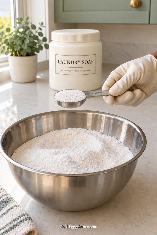 Level tablespoon of homemade laundry soap powder above a steel bowl