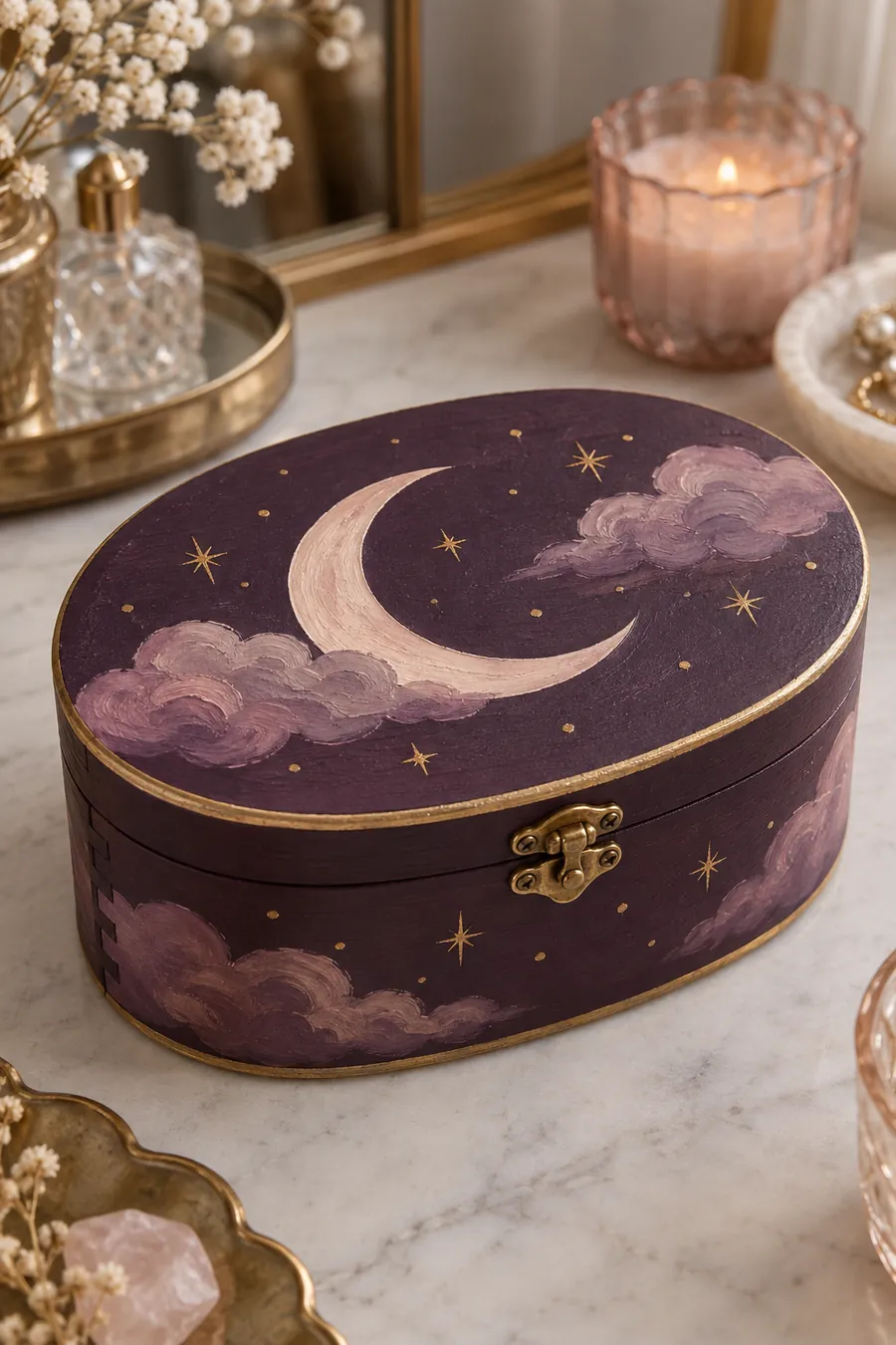 Plum jewelry box with crescent moon and stars