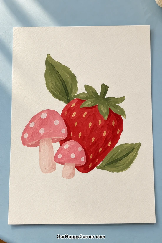 Mushroom painting ideas featuring pink spotted mushrooms beside a strawberry and leaves