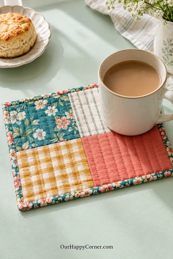 Fabric scraps ideas for the home: teal floral, yellow gingham, and coral mug rug