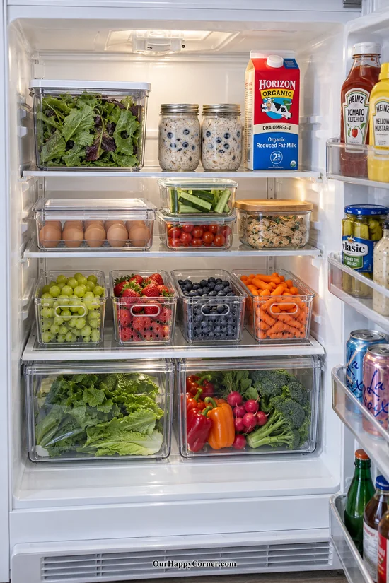 White refrigerator with colorful unpackaged produce in clear storage bins fridge organization ideas