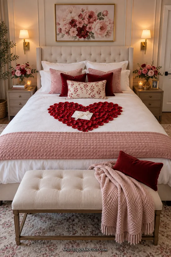 Red rose-petal heart surrounding a note on white bedding