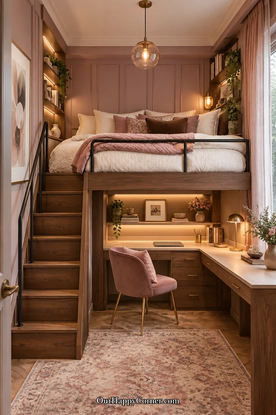 Dusty rose loft bedroom with walnut furniture and soft white bedding small bedroom design ideas