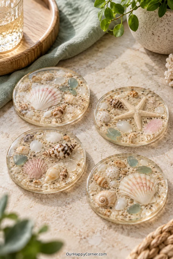 Seashell crafts for adults featuring clear resin shell coasters