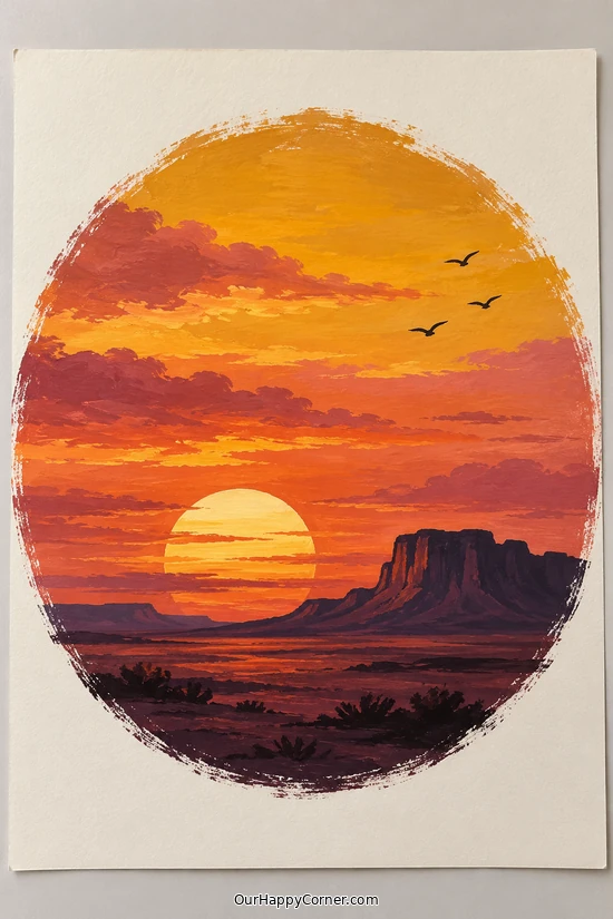 Sunset painting ideas featuring circular desert sunset