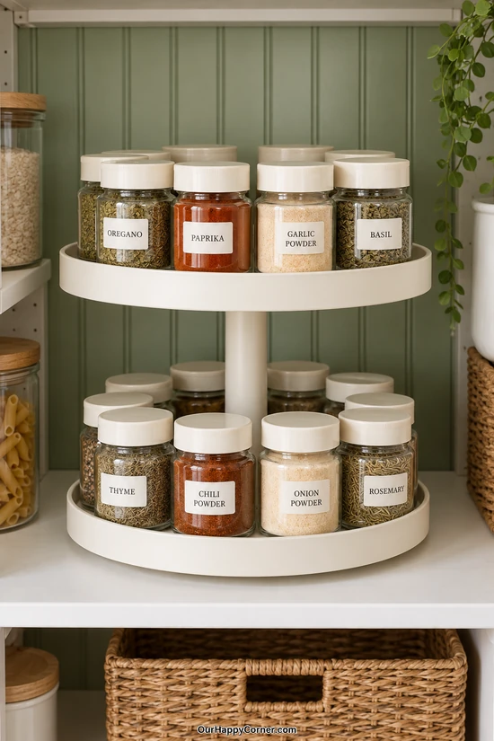 Cream two-tier rotating spice rack holding short glass jars
