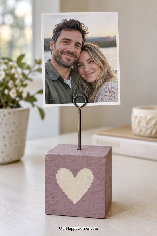 Mauve wooden block photo holder with an ivory heart and a metal loop clip