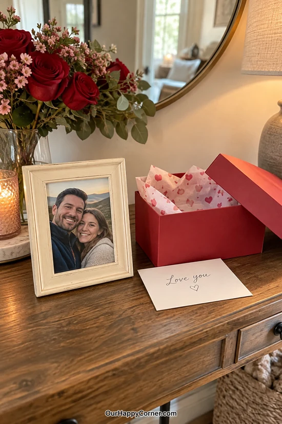 Framed couple photograph beside a Valentine card and gift box