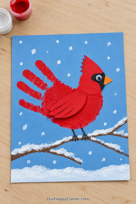 winter animal crafts for kids with handprint cardinal collage