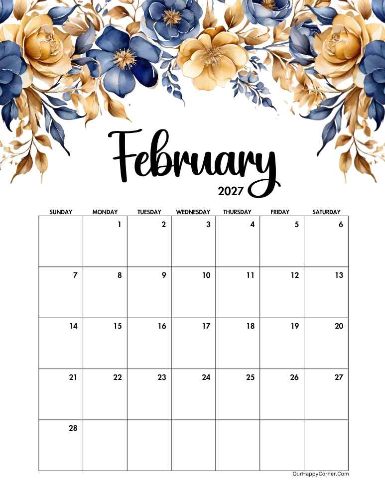 Floral blue and gold February 2027 calendar printable