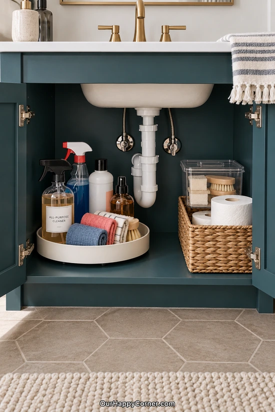 Cleaning bottles and cloths on a turntable beside exposed sink plumbing