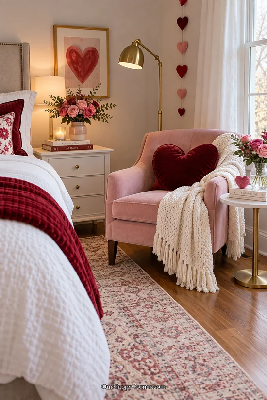 Pink reading chair with a heart cushion and bedside flowers
