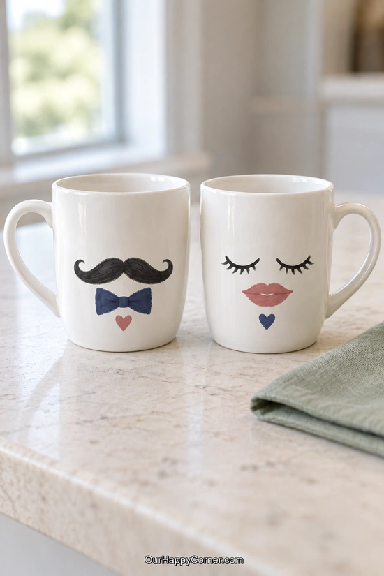 His-and-hers cups painted with a mustache, bow tie, eyelashes, lips, and hearts