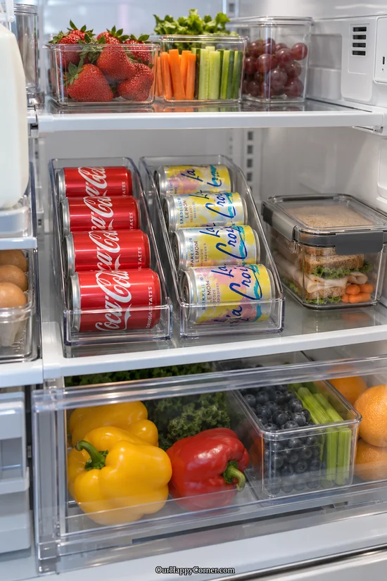 Two clear refrigerator can organizers with Coca-Cola and LaCroix cans fridge organization ideas