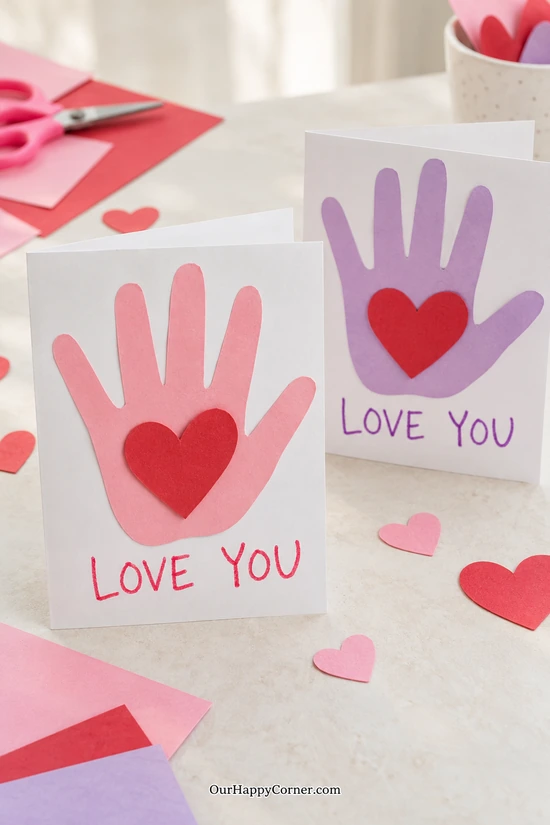 Handprint Valentine cards with red hearts and handwritten messages