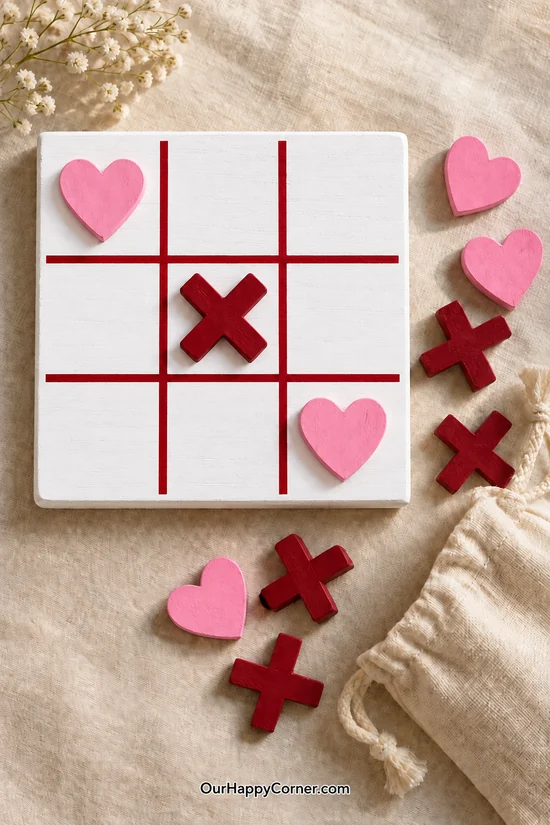 Wooden Valentine tic-tac-toe board with five pink hearts, five cherry red X pieces, and a drawstring bag valentine wood crafts