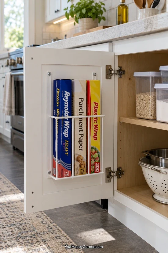 Foil and plastic wrap boxes in a cabinet door rack