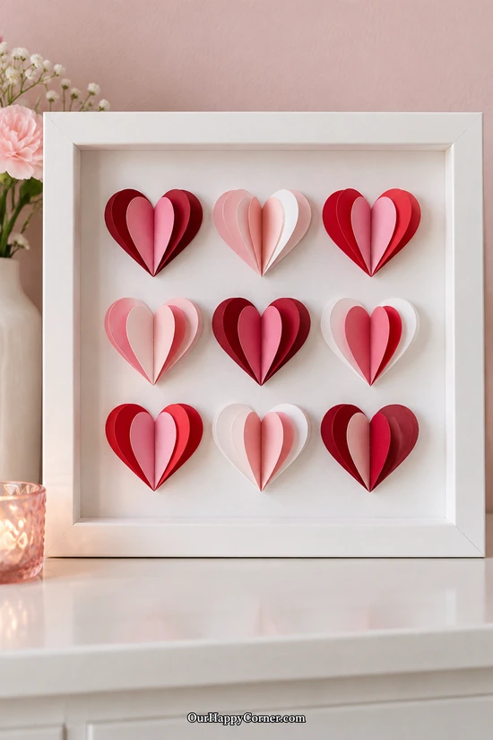Layered Paper Heart Art in red and pink Valentine’s Day crafts for adults