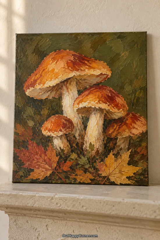 Orange mushrooms and autumn leaves against deep olive