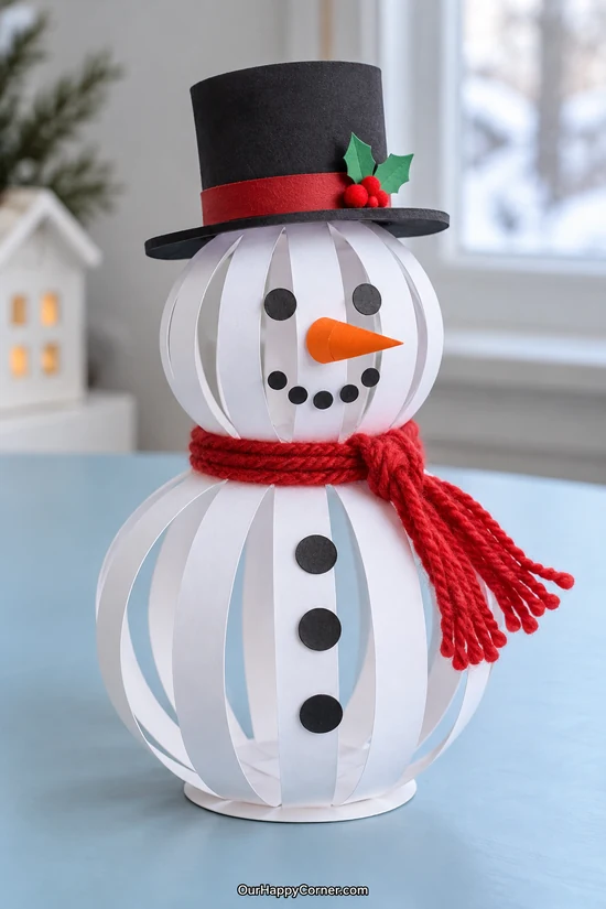 Hollow paper strip snowman with red yarn scarf