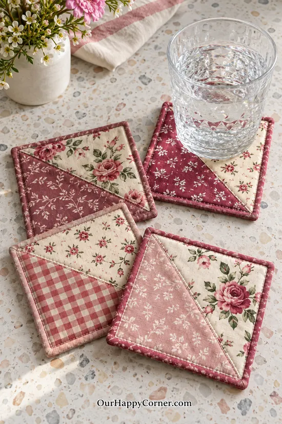 Four square patchwork coasters in berry, blush, cream, and floral fabrics
