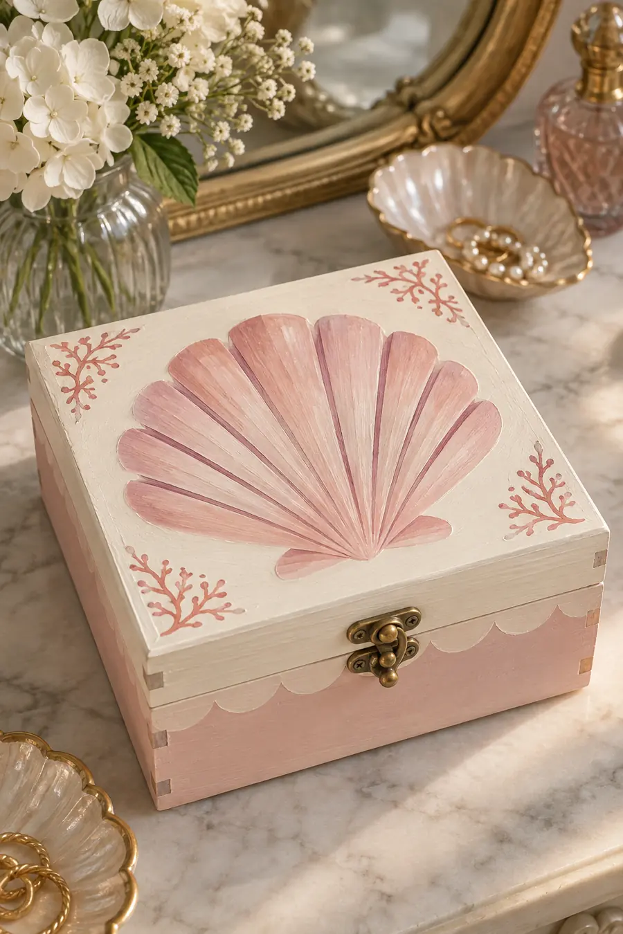 Ivory jewelry box with a large pink scallop shell