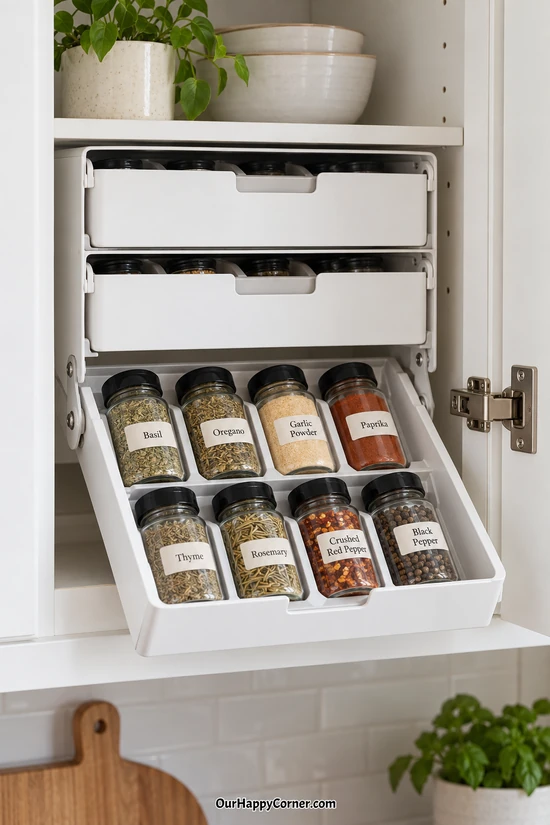 Spice rack organization using pull-down cabinet trays with labeled jars