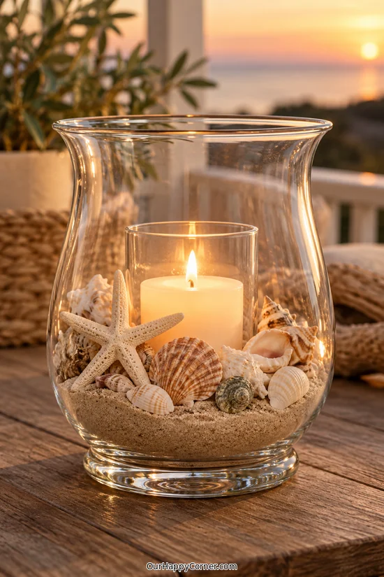 Shell-Filled Glass Hurricane handmade craft