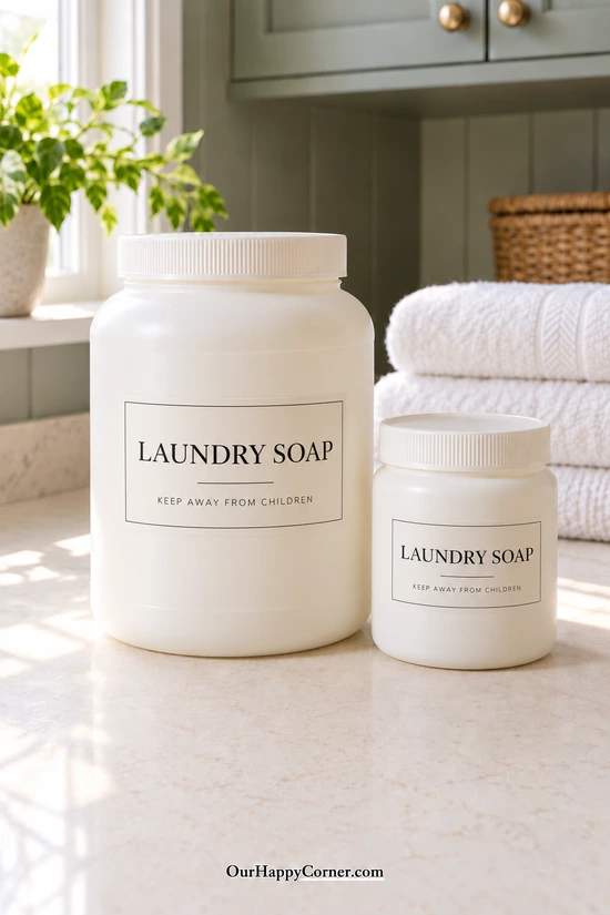 Large and small matching cream laundry soap containers