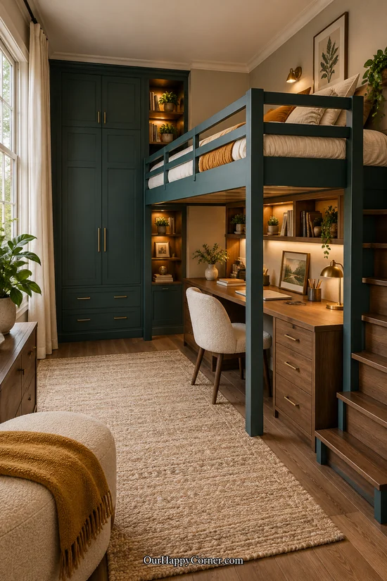 Teal side-wall loft with cream bedding and a walnut desk