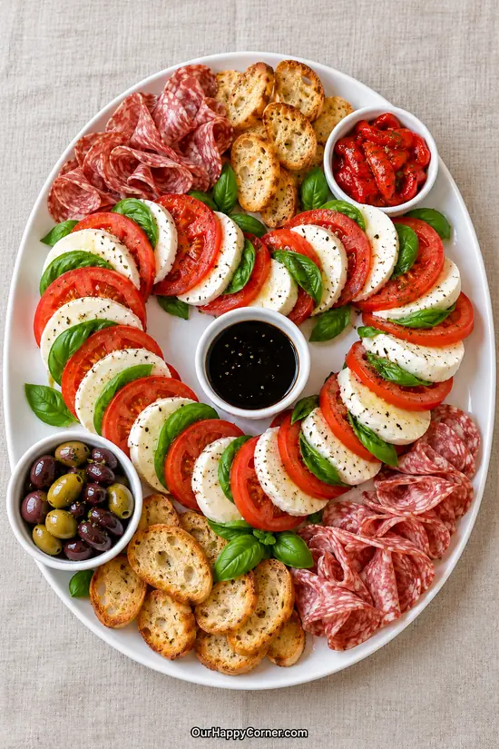 Tomato, mozzarella, and basil heart with salami, crostini, olives, and balsamic glaze