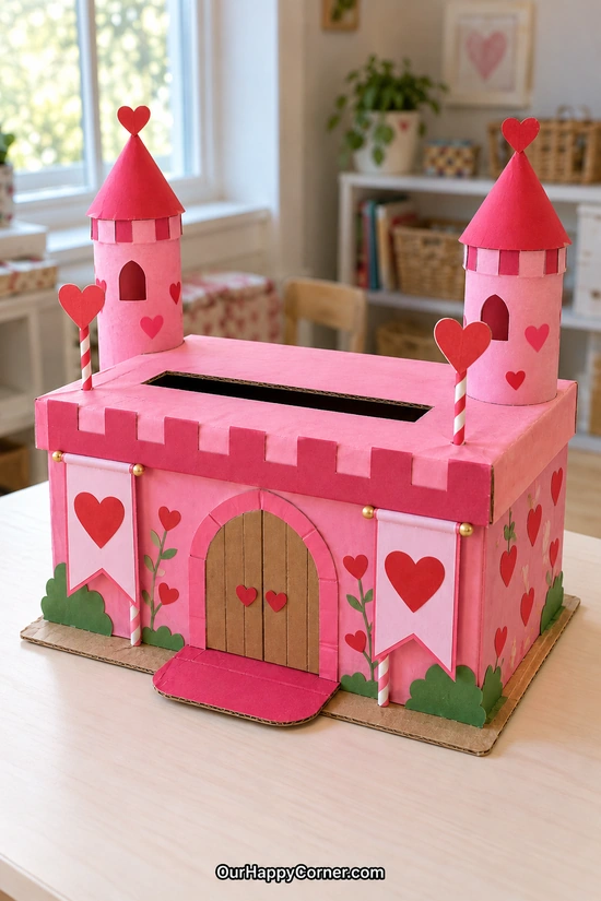 Pink castle card box with cardboard tube towers
