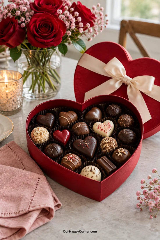 Assorted chocolates in a red heart-shaped Valentine gift box